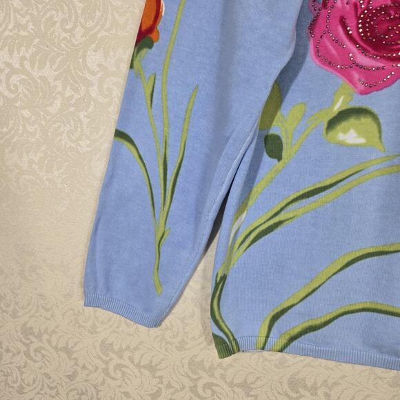 Quacker Factory Cardigan Sweater sz L Blue Multi Floral 100% Cotton Rhinestones - Picture 4 of 13